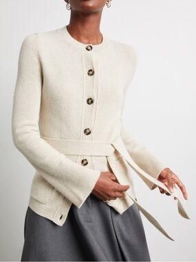 G. Label by Goop belted fine knit wool cardigan sz M cream oat